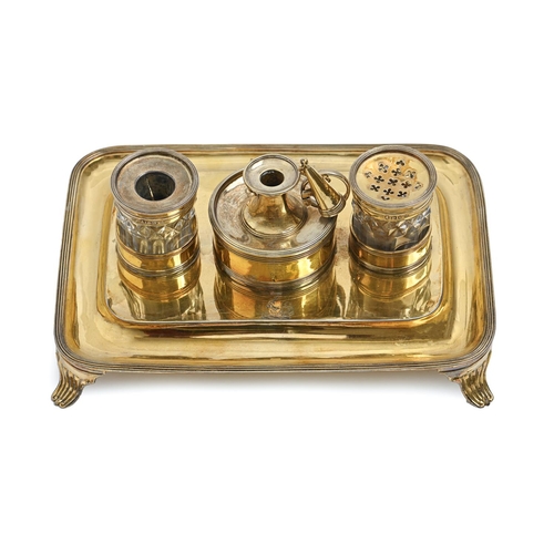 502 - A George III silver gilt inkstand, with taperstick and extinguisher, and silver gilt mounted cut gla... 