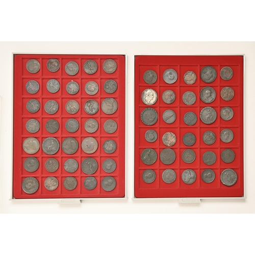 592 - George I-III, copper halfpennies & pennies, 18th century tokens, in two Lindner trays, mostly lo... 