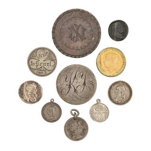 606 - Ten mainly Victorian silver coins, including a crown, all adapted as lovetokens, 2ozs... 