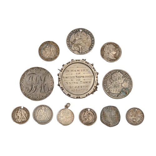 607 - Twelve English, United Kingdom and foreign silver coins, engraved or adapted as lovetokens, 1oz 15dw... 