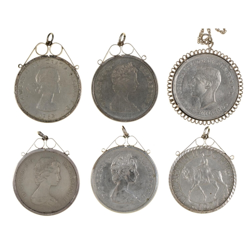 613 - Six crown sized silver coin pendants, each containing a British commemorative cupro-nickel crown... 