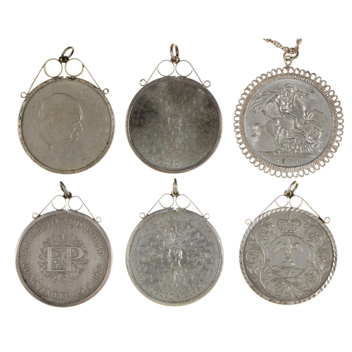 613 - Six crown sized silver coin pendants, each containing a British commemorative cupro-nickel crown... 