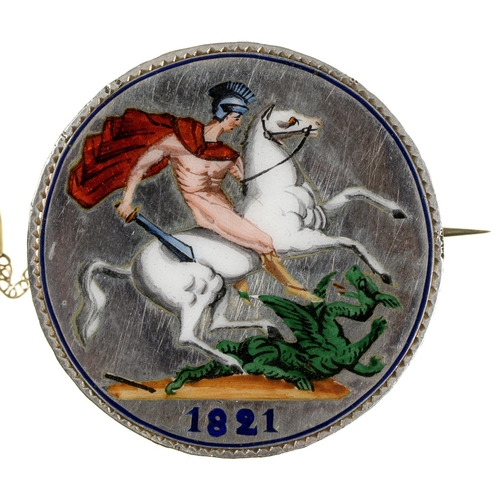 614 - Enamelled coin. A George IV crown brooch, 1821