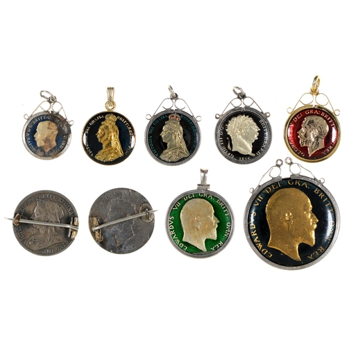 615 - Nine silver and other enamelled coin pendants and brooches