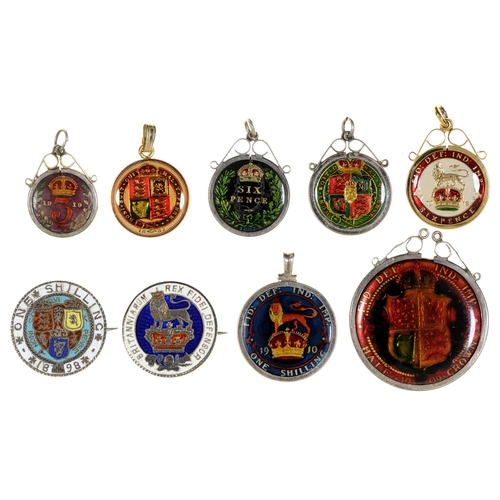 615 - Nine silver and other enamelled coin pendants and brooches