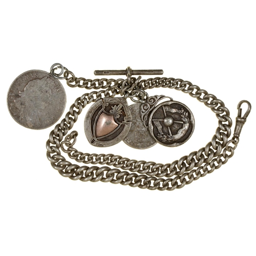 618 - A silver albert, early 20th c, 38cm l, links individually marked, mounted with two silver fob shield... 