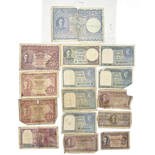 622 - Miscellaneous banknotes, including Government of Ceylon 10 Rupees, damaged