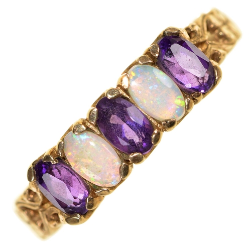 63 - A five stone opal and amethyst ring, early 20th c, in 9ct gold, date letter rubbed, 2.3g, size P... 