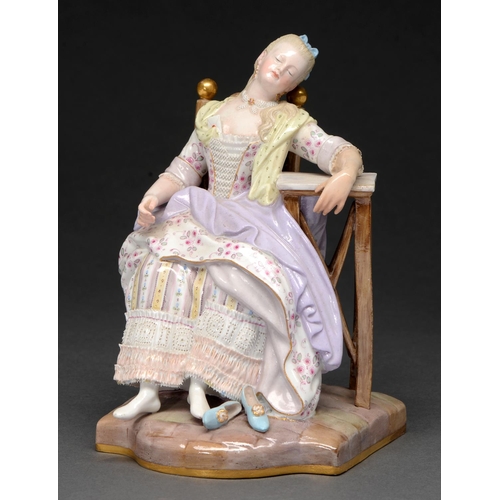 644 - A Meissen figure of a maiden asleep in a chair, late 19th/early 20th c, in lace trimmed striped gown... 