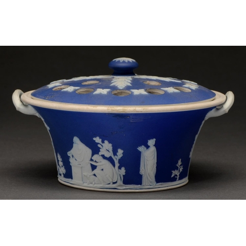 645 - A Wedgwood dark blue jasper dip bough pot and grid cover, second half 19th c, 17cm over handles, imp... 