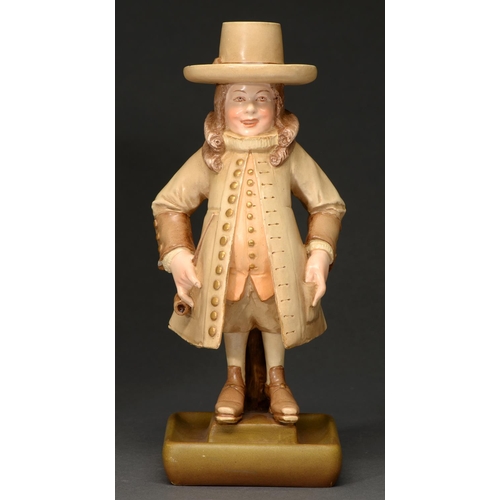 692 - An Austrian earthenware figure of a man in 17th c dress, c1930, holding a pipe, 26cm h, impress... 