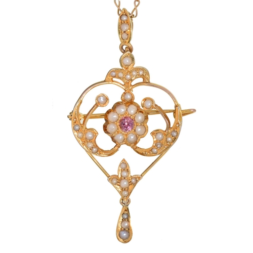 72 - An Art Nouveau amethyst and split pearl openwork brooch-pendant, early 20th c, in gold, 50mm, marked... 