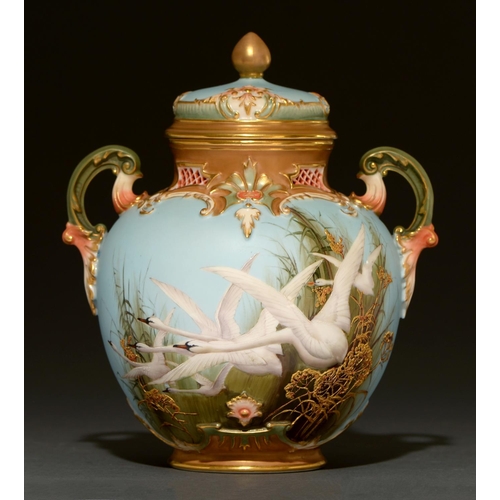 724 - A Royal Worcester scroll handled pot pourri jar and cover, 1900, painted by C Baldwyn, signed, with ... 