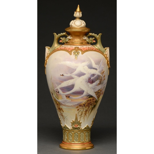 725 - A Royal Worcester vase and cover, 1908, painted by C Baldwyn, signed, with swans before the setting ... 