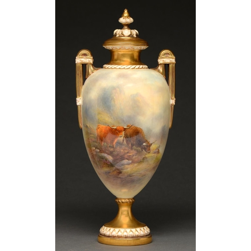 726 - A Royal Worcester vase and cover, 1930, painted by J Stinton, signed, with highland cattle, 36cm h, ... 