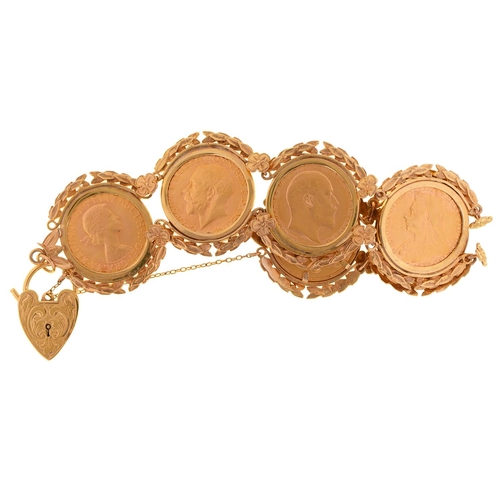 73 - Gold coins. A gold bracelet with six sovereigns, comprising 1886, 1889, 1900P, 1907, 1912 and 1966, ... 