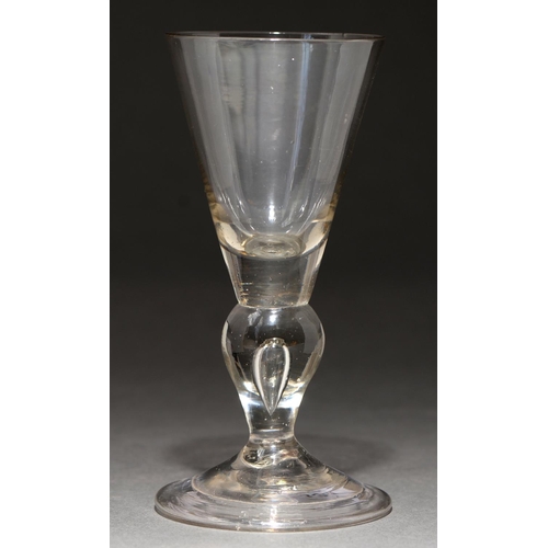 731 - A goblet, early 18th c,  the conical bowl on inverted baluster stem tear, folded foot, 16.5cm... 