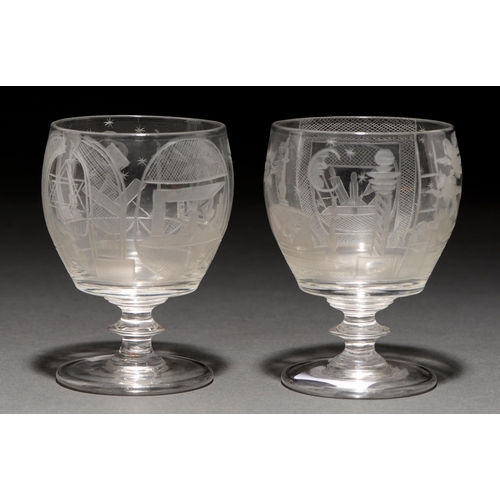 733 - Two Masonic glass rummers, c1820,  the ovoid bowl wheel engraved with masonic symbols, one also with... 