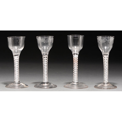 741 - Two and a pair of wine glasses, c1770, with engraved or plain ogee bowl and double series opaque twi... 