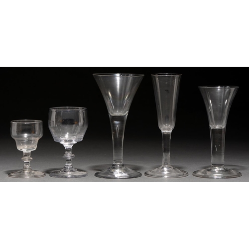 742 - Two wine glasses, an ale glass and two others, second half 18th c,  funnel, ogee or other bowl, two ... 