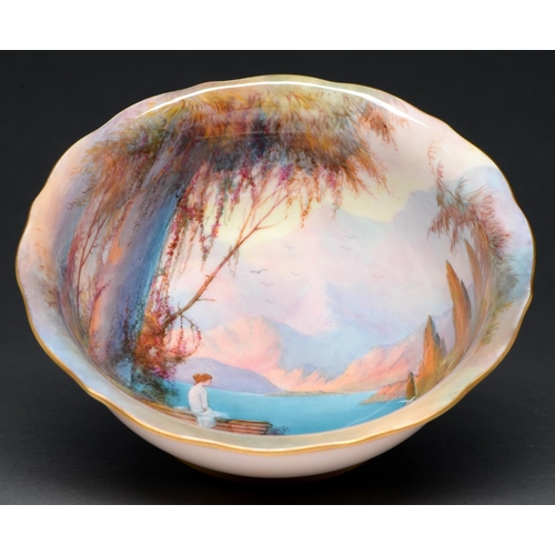 747 - A Royal Worcester bowl, 1929, painted by Sedgley, signed, with a bather on a North Italian lakeside ... 