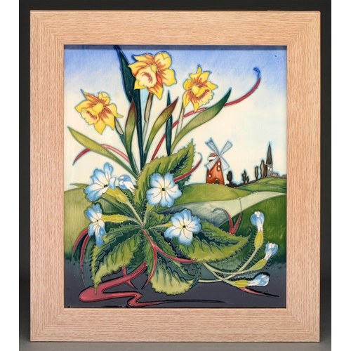 754 - A Moorcroft plaque, 2012, of daffodils and a windmill, 24.5 x 20cm, impressed and printed marks and ... 