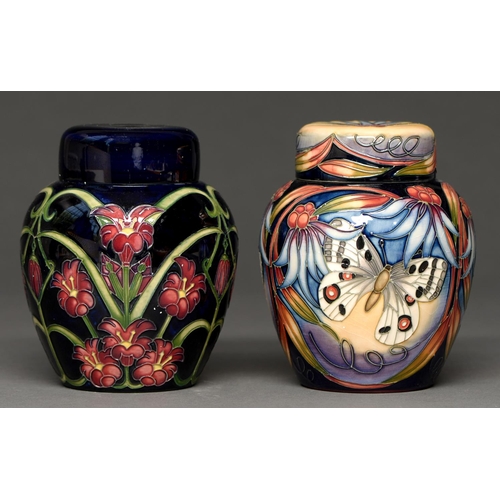 756 - Two Moorcroft ginger jars and covers, 2000 and 2005, with a butterfly or floral pattern, 15cm h, imp... 