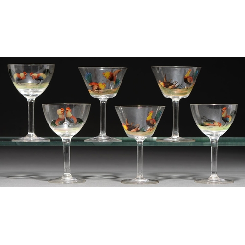 763 - Six enamelled cocktail glasses, 1930s, with fighting cocks, 11.5cm and c