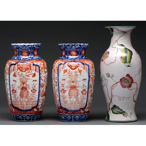 775 - A pair of Japanese Imari ribbed oviform vases, early 20th c, 30cm h and another vase (3)... 