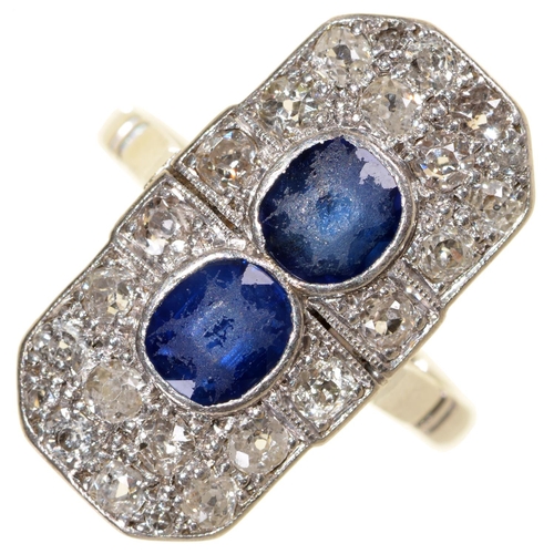 78 - An Art Deco sapphire and diamond ring, in platinum, millegrain set, marked PLAT, 5.6g, size O... 