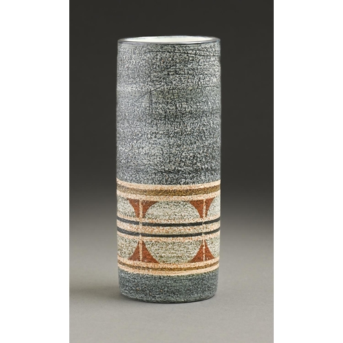 785 - A Troika cylinder vase, c1980, 14.5cm h, painted mark and that of the decorator Jane Fitzgerald... 