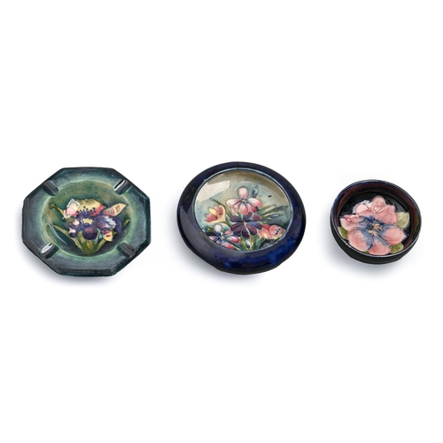 797 - A Moorcroft orchid ashtray and two others,  pre 1949 - 1970s, various sizes, impressed marks... 