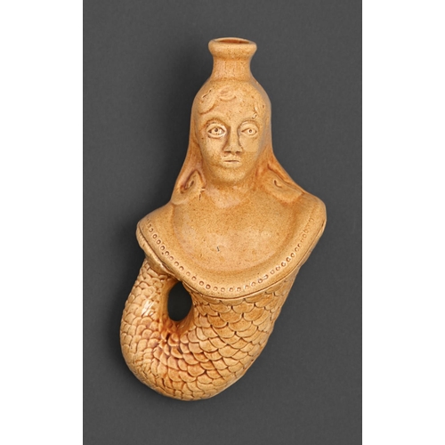 798 - An English straw ochre glazed mermaid gin flask, c1840,  19cm