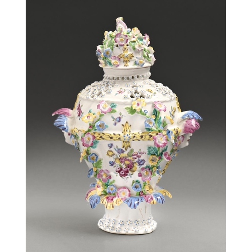 799 - A Bow frill vase and cover, c1770, of inverted baluster form with pierced shoulder and mask handles ... 