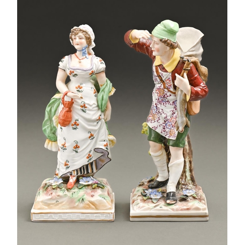 800 - A pair of Volkstedt figures of a youth and girl, early 20th c, on square base, 20cm h, underglaze bl... 