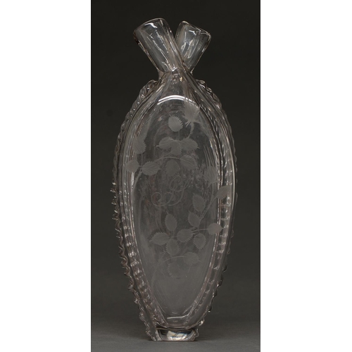 807 - An early Victorian glass gimmel flask,  one side engraved with a sportsman, the other with initials ... 