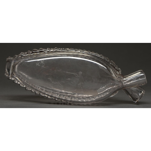 807 - An early Victorian glass gimmel flask,  one side engraved with a sportsman, the other with initials ... 