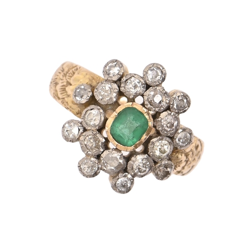 81 - An emerald and diamond ring, on associated chased gold hoop marked 18ct, 6.3g, size O... 