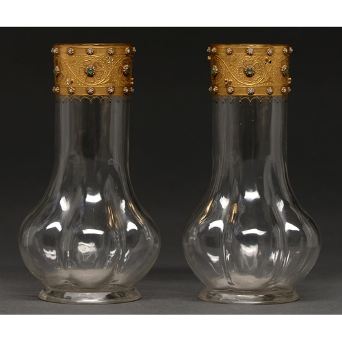 810 - A pair of French 'jewelled' glass lobed vases, c1900, with cylindrical neck and rasied gilt collar, ... 