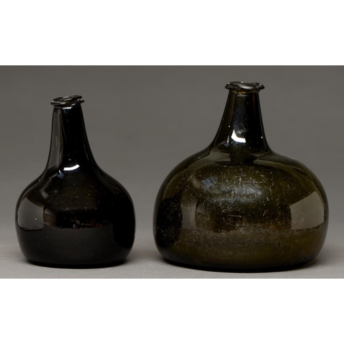 814 - Two English glass utility bottles, early 18th c,  15 and 16cm  and a druggist's labelled glass carbo... 