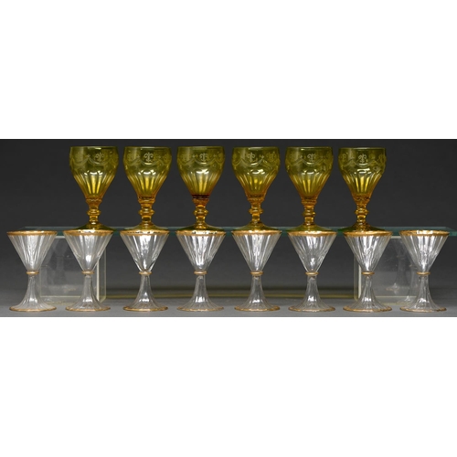 816 - A set of six engraved and faceted cut amber  wine glasses, 19th c,  11.5cmand set of eight  Continen... 