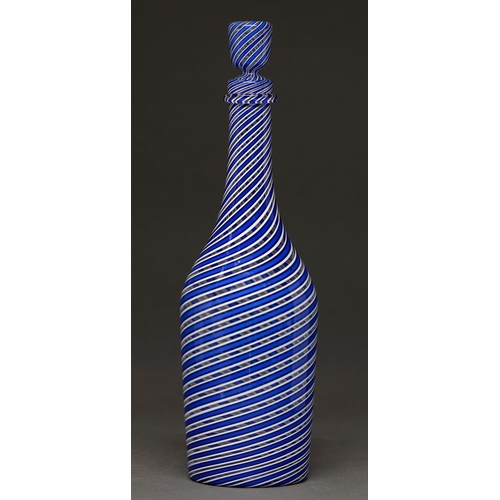 818 - A Clichy blue and white spiral glass decanter and stopper, mid 19th c,  31cm