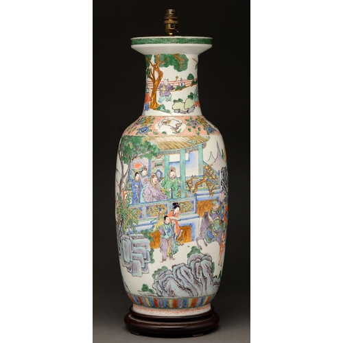 832 - A Chinese famille verte rouleau vase, early 20th c, 66cm h including wood base