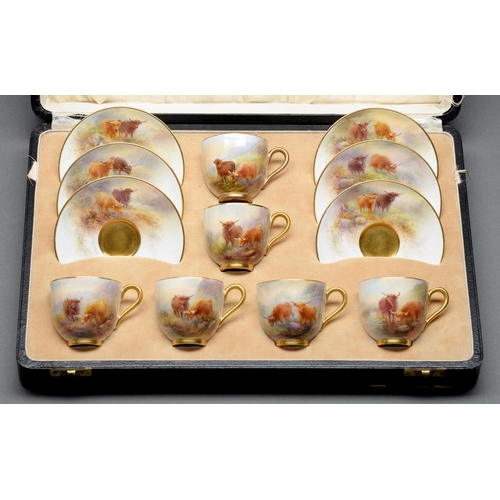 847 - A set of six Royal Worcester coffee cups and saucers, 1931, painted by H Stinton, all signed, with h... 