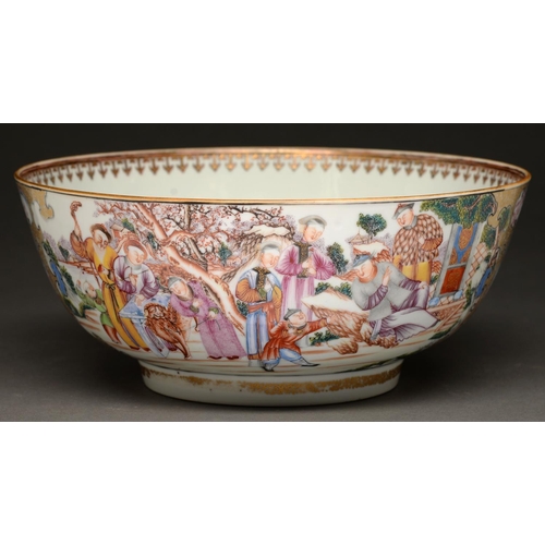 848 - A Chinese export porcelain punch bowl, c1770, enamelled with a 'Mandarin' pattern, the interior with... 