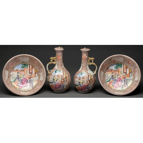 849 - A pair of Chinese export porcelain dragon handled jugs, stoppers and bowls, c1770, enamelled with a ... 