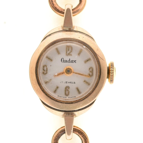 85 - An Audax 9ct gold lady's wristwatch, 15 x 17mm, London 1962, base metal Bonklip bracelet... 