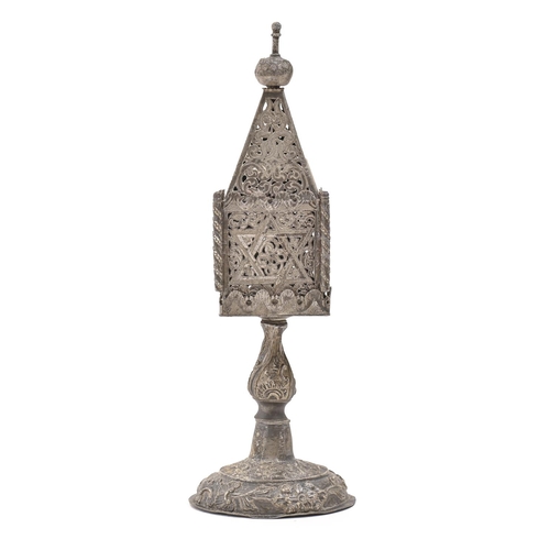 854 - Judaica. A Central European pewter spice tower, 19th c, pierced and engraved with scrolling foliage,... 