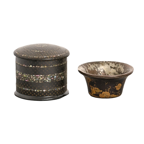 863 - A lac burgaute canister and cover, 19th c, 70mm h and a South East Asian black and gold lacquer cup ... 