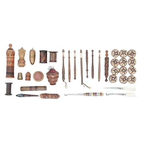 865 - Needlework tools. A collection of Victorian Tunbridge Ware, vegetable ivory, carved coquilla nut and... 